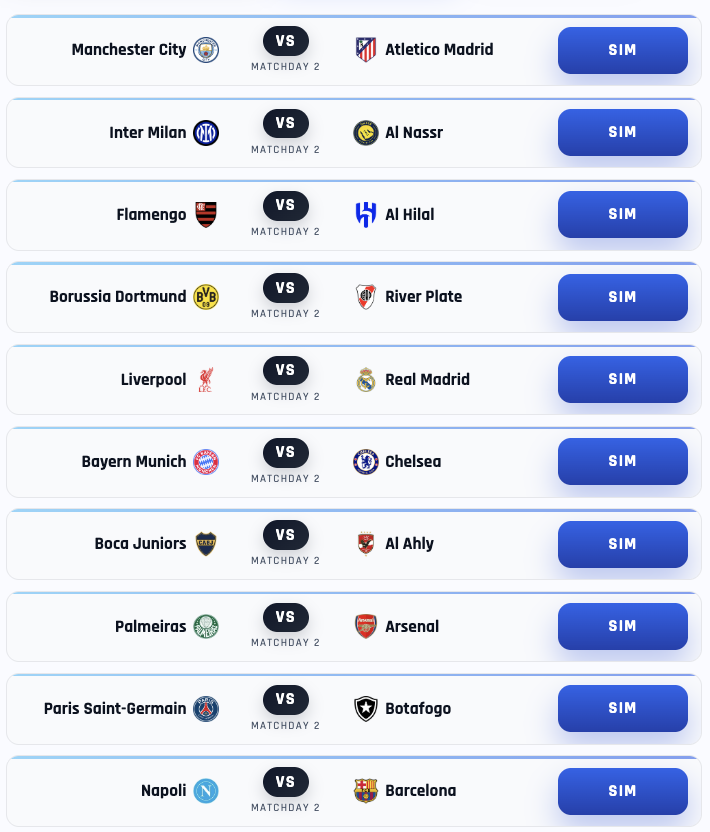 Simulator matchday fixtures screenshot